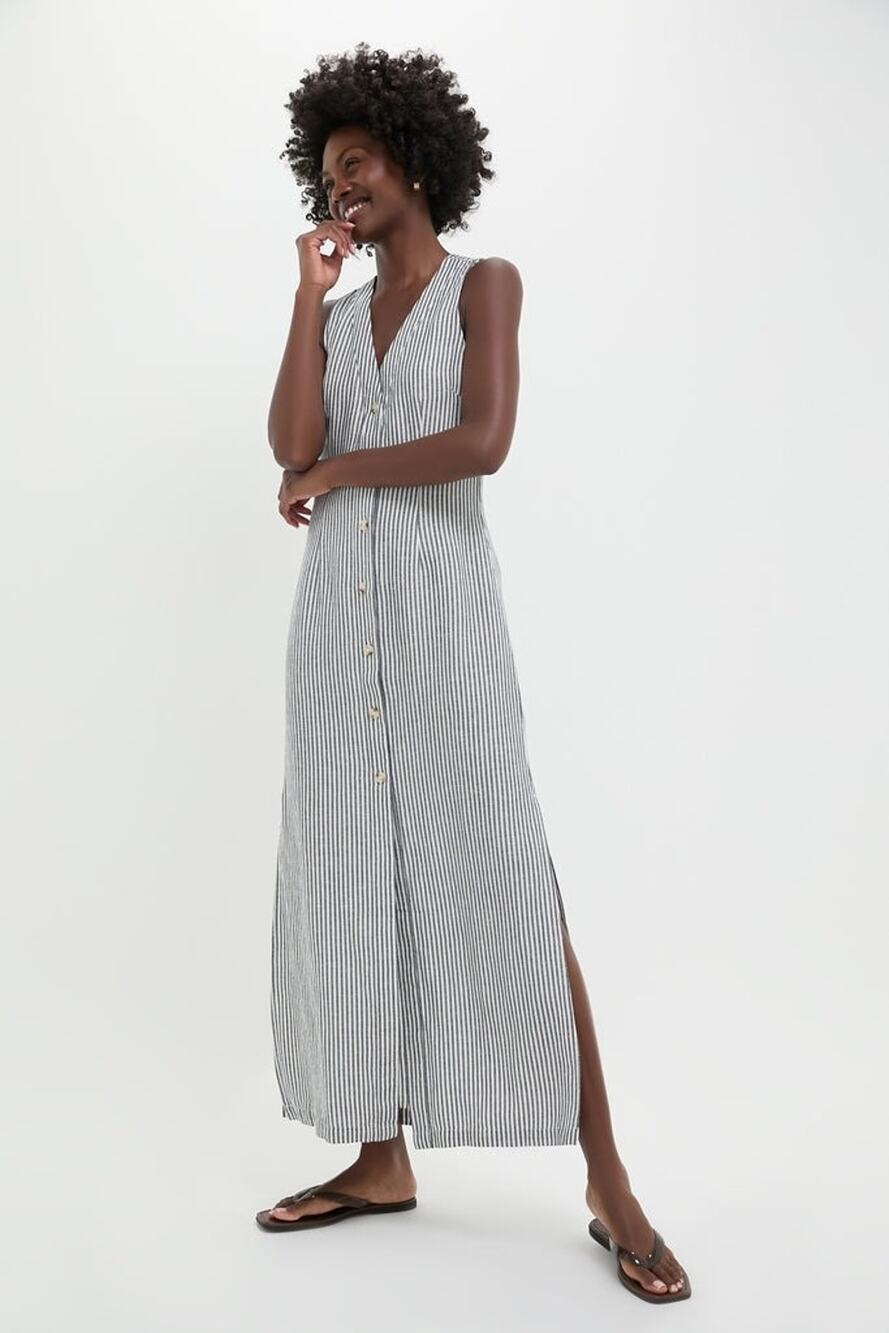 ONIA Deep Navy Striped Air Linen Button Down Maxi Dress Size XL NWT